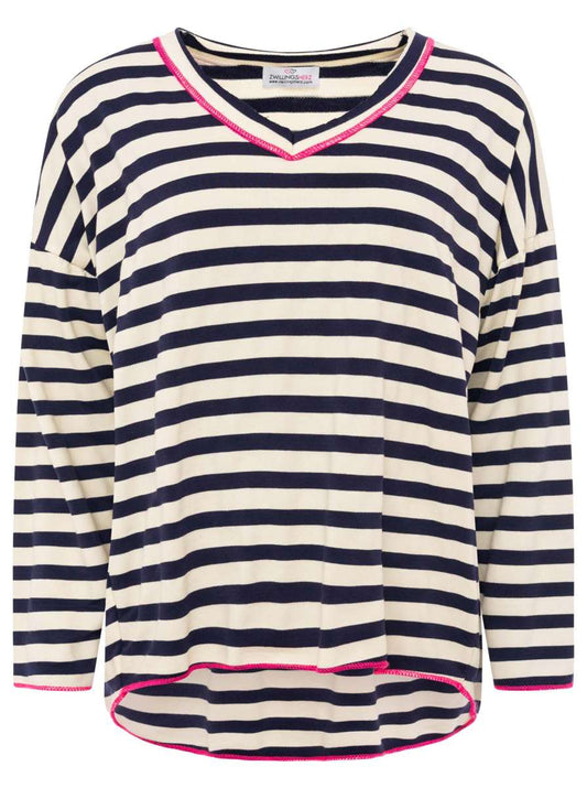 💕 Zwillingsherz Sweatshirt "Neon Streifen" V-Neck Sweater Oversize Navy