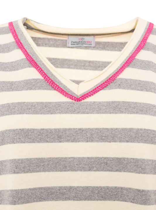 💕 Zwillingsherz Sweatshirt "Neon Streifen" V-Neck Sweater Oversize Grau