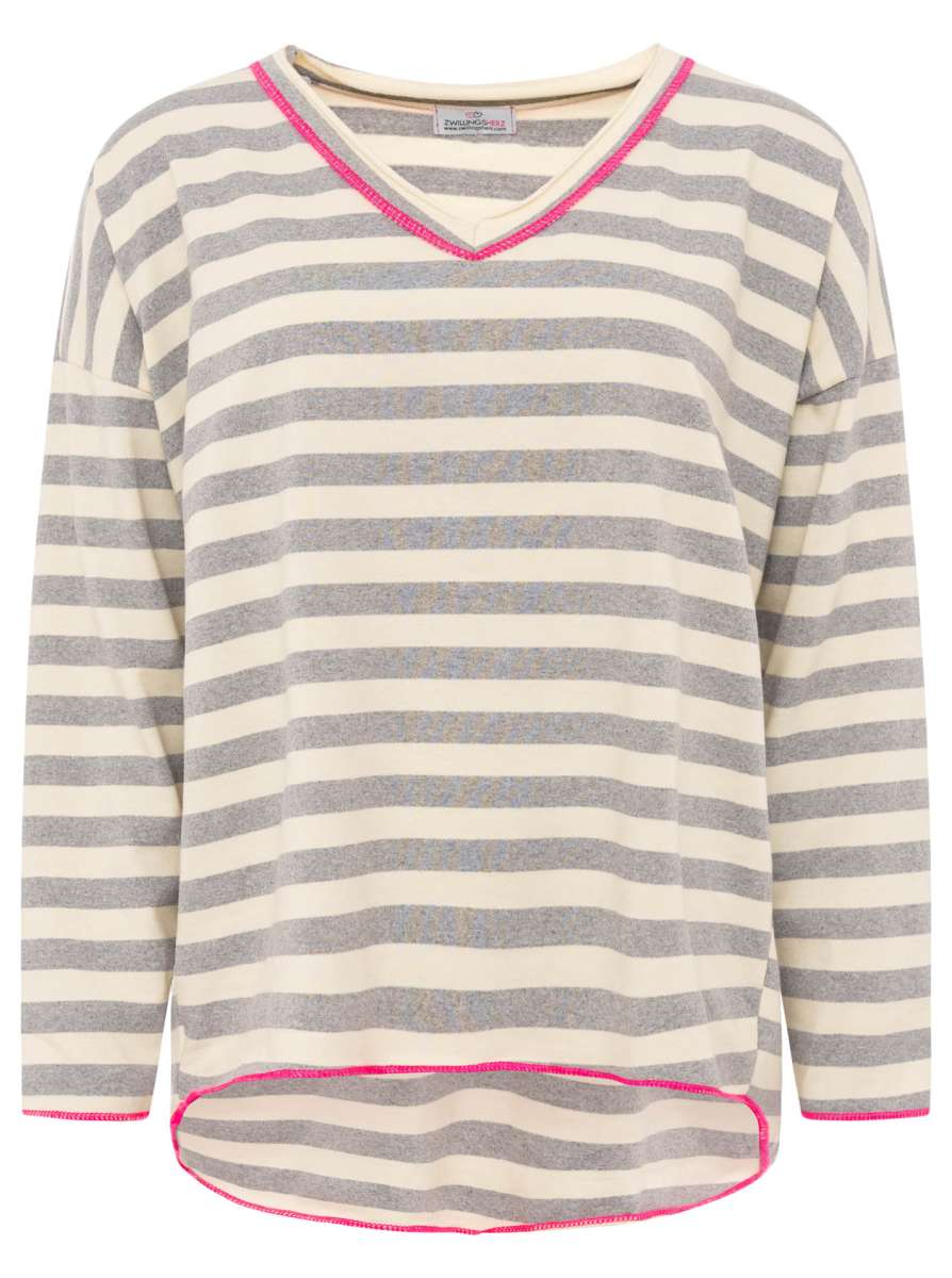 💕 Zwillingsherz Sweatshirt "Neon Streifen" V-Neck Sweater Oversize Grau