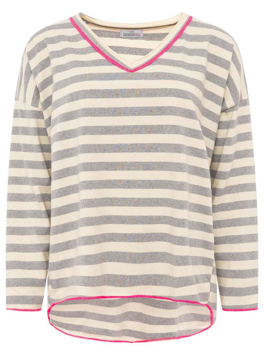💕 Zwillingsherz Sweatshirt "Neon Streifen" V-Neck Sweater Oversize Grau