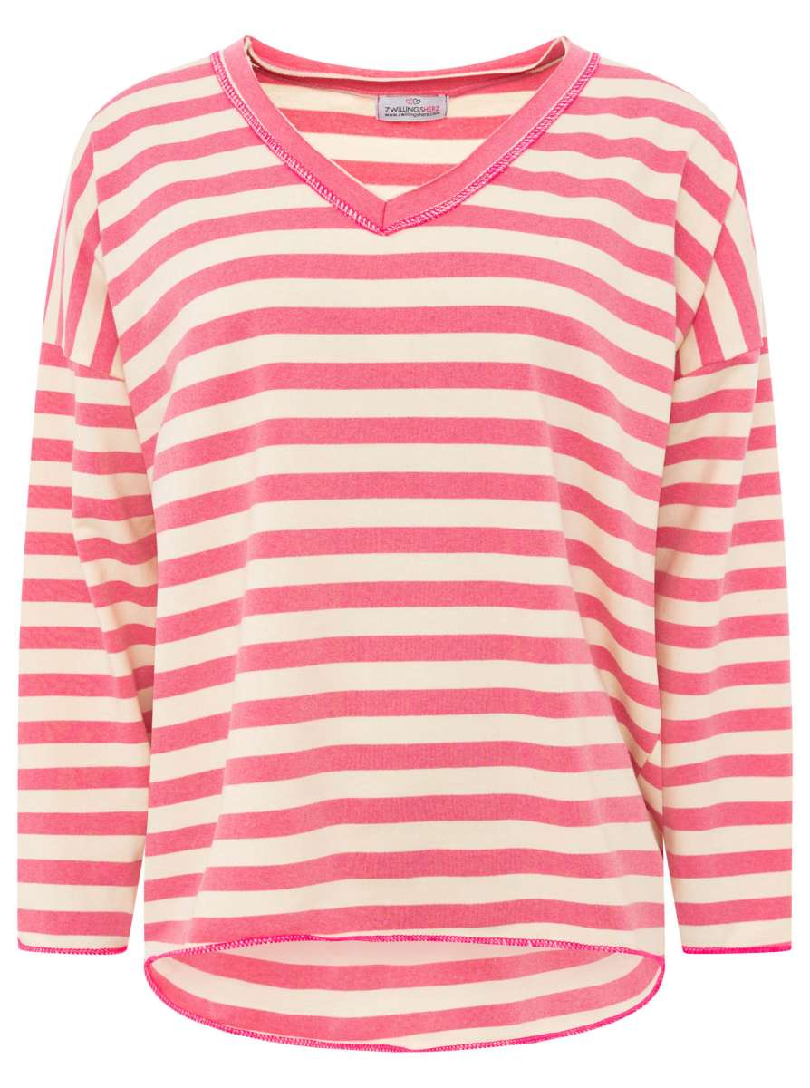 💕 Zwillingsherz Sweatshirt "Neon Streifen" V-Neck Sweater Oversize Pink