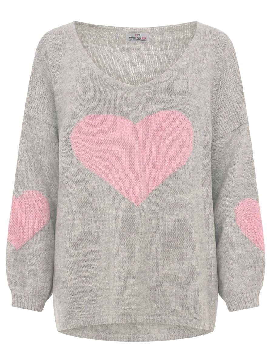 💕 Zwillingsherz Pullover Wollmix "Großes Herz" Hellgrau