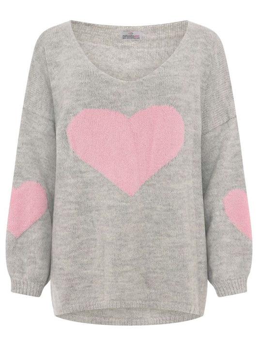 💕 Zwillingsherz Pullover Wollmix "Großes Herz" Hellgrau