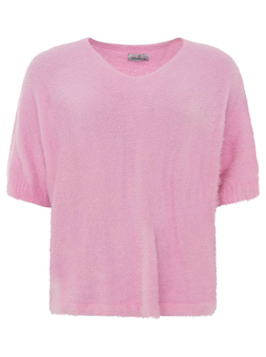 💕 Zwillingsherz Kurzarm Pullover Mohair-Optik "Uni" Rosa