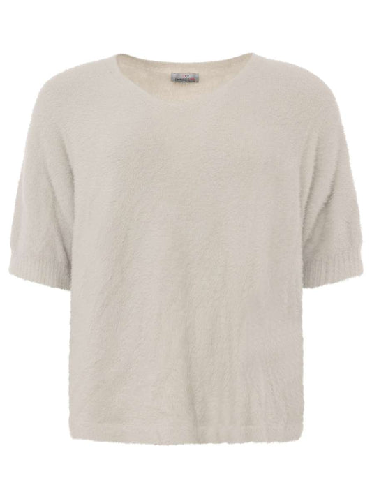 💕 Zwillingsherz Kurzarm Pullover Mohair-Optik "Uni" Beige