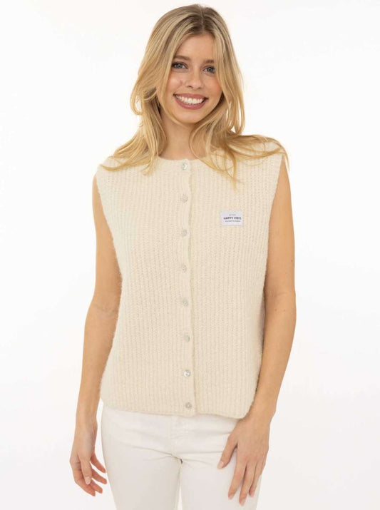 💕 Zwillingsherz Strickweste mit Knöpfen und Patch Wollweiß