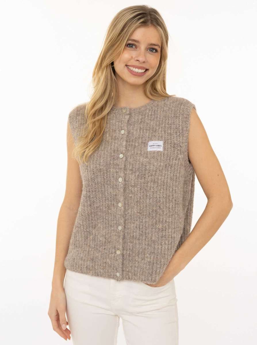 💕 Zwillingsherz Strickweste mit Knöpfen und Patch Hellbraun