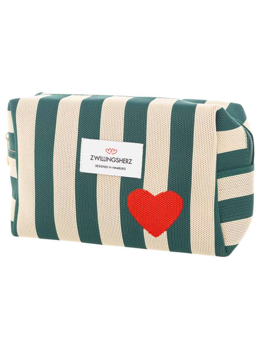 💕 Zwillingsherz Kosmetiktasche "Streifen & Herz" Grün