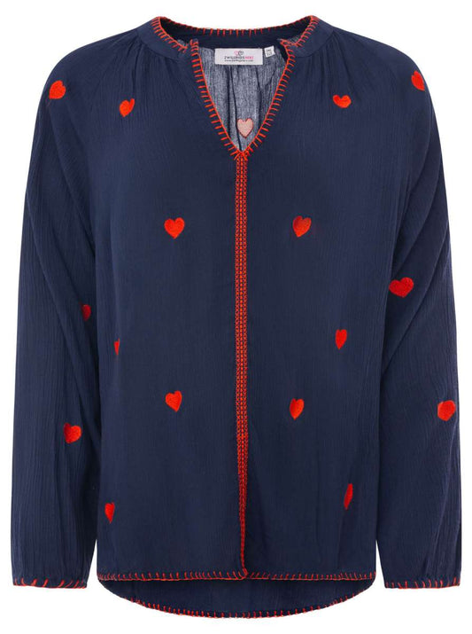 💕 Zwillingsherz Bluse "Gestickte Herzen" 100 % Viskose Marine