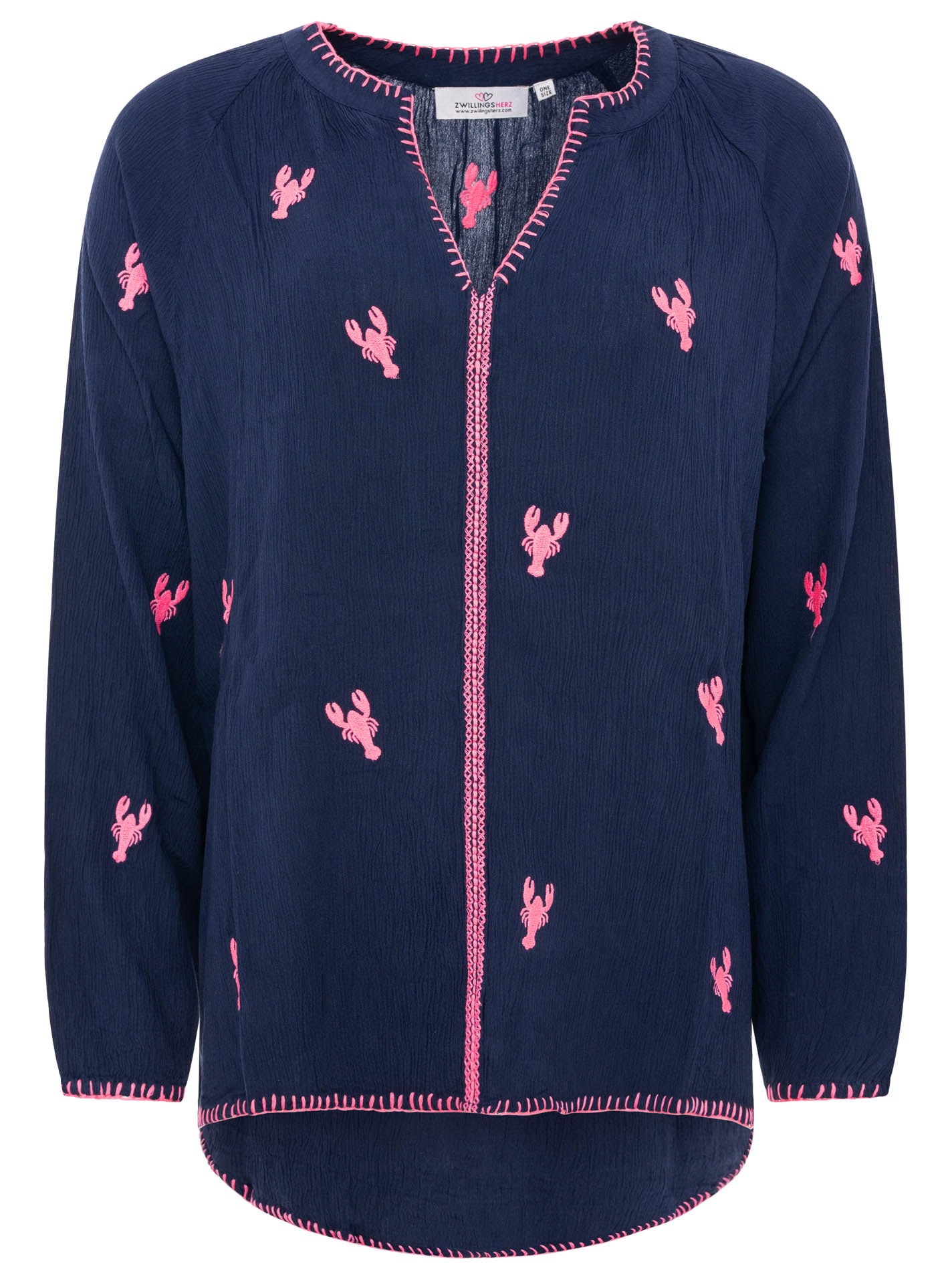 💕 Zwillingsherz Bluse "Gestickte Hummer" 100 % Viskose Marine