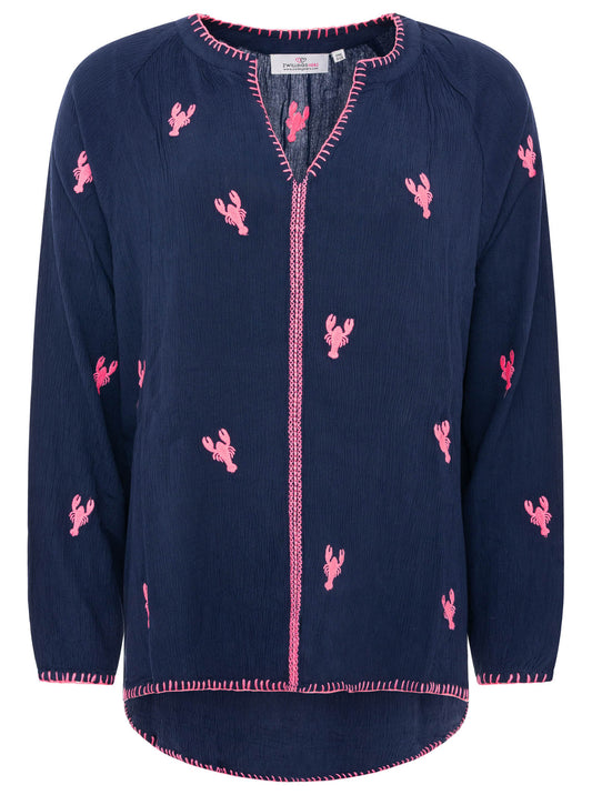💕 Zwillingsherz Bluse "Gestickte Hummer" 100 % Viskose Marine