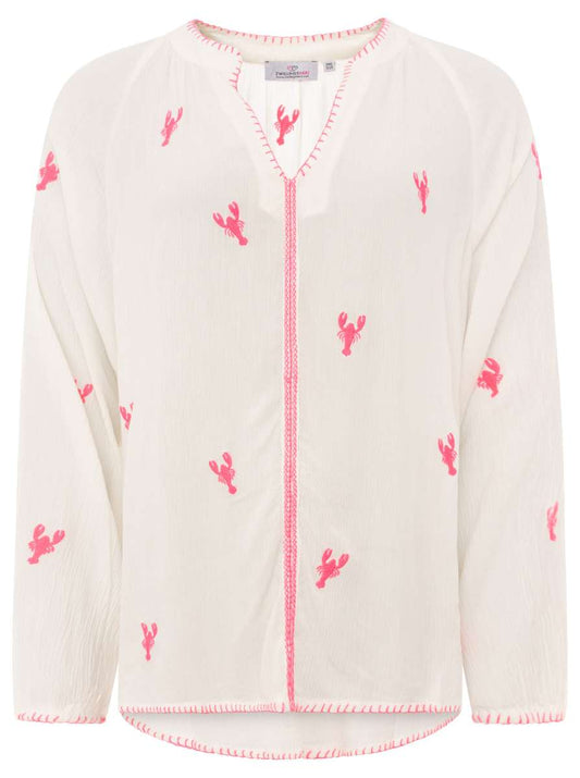 💕 Zwillingsherz Bluse "Gestickte Hummer" 100 % Viskose Weiß