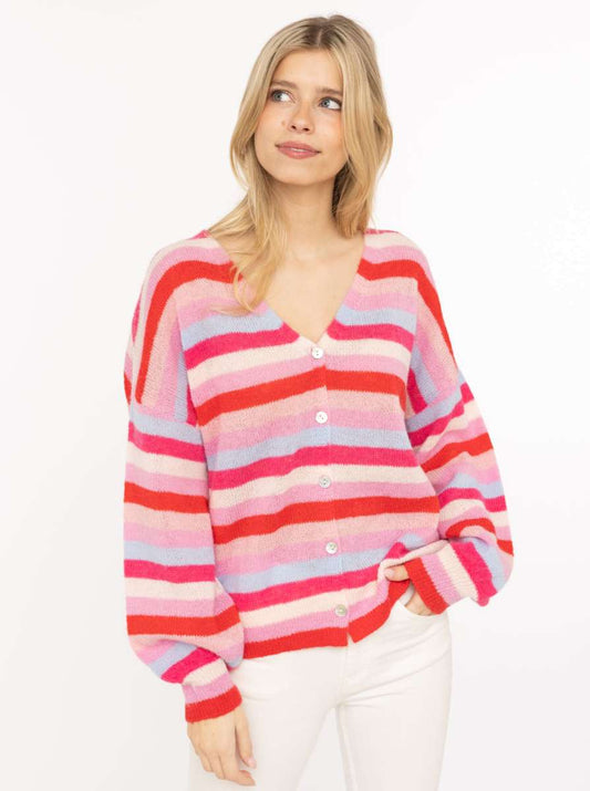 💕 Zwillingsherz Cardigan mit Perlmuttknöpfen und Streifen Pink