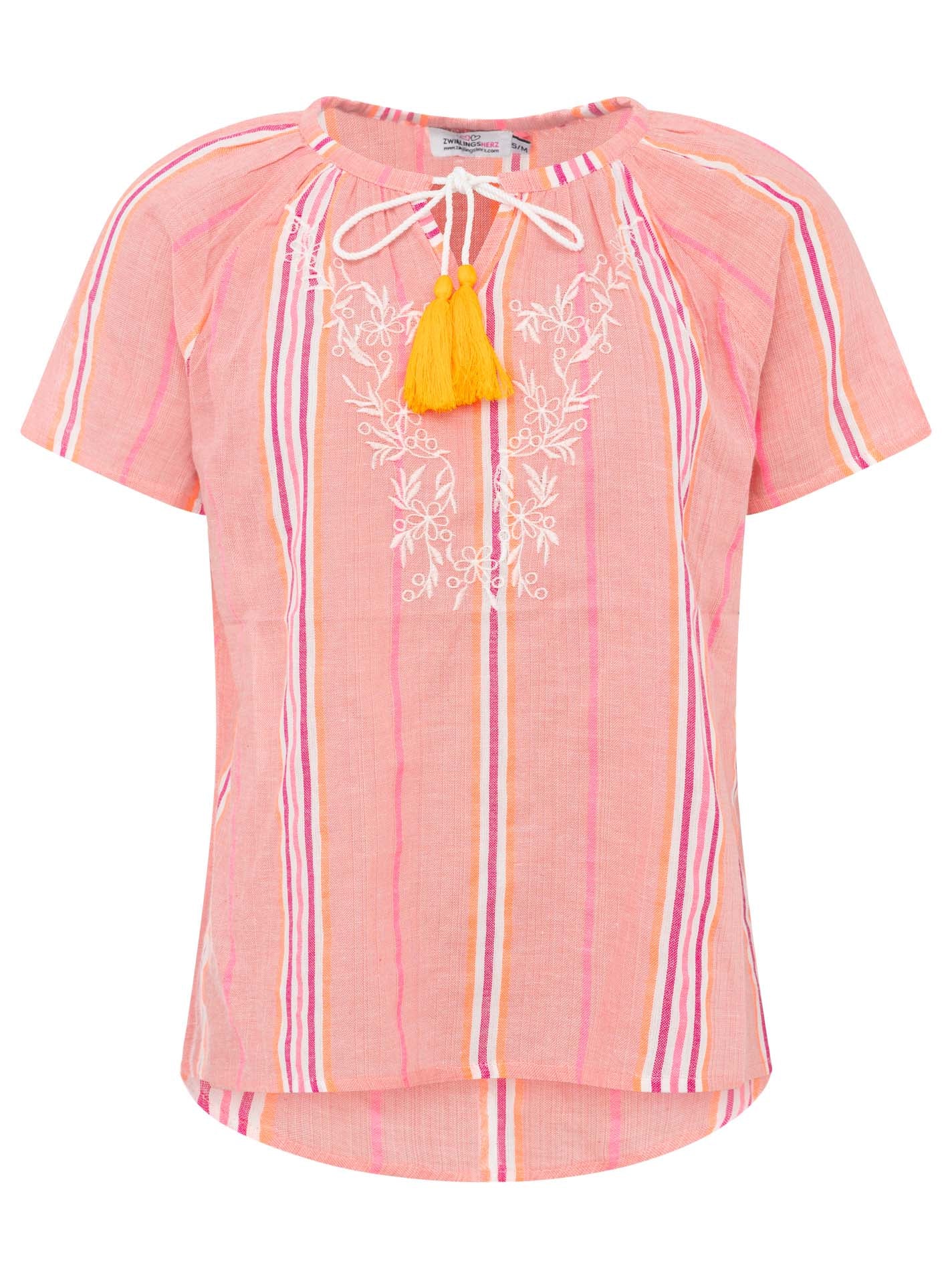 💕 Zwillingsherz Bluse Kurzarm "Summer Stripes" Neonkoralle