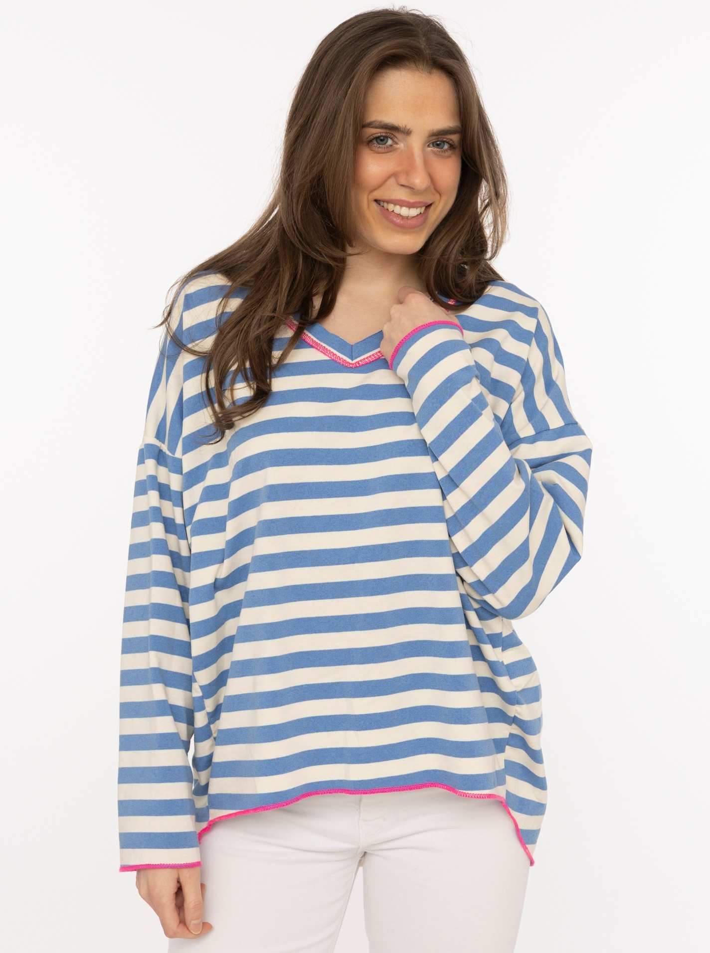 💕 Zwillingsherz Sweatshirt "Neon Streifen" V-Neck Sweater Oversize Jeansblau