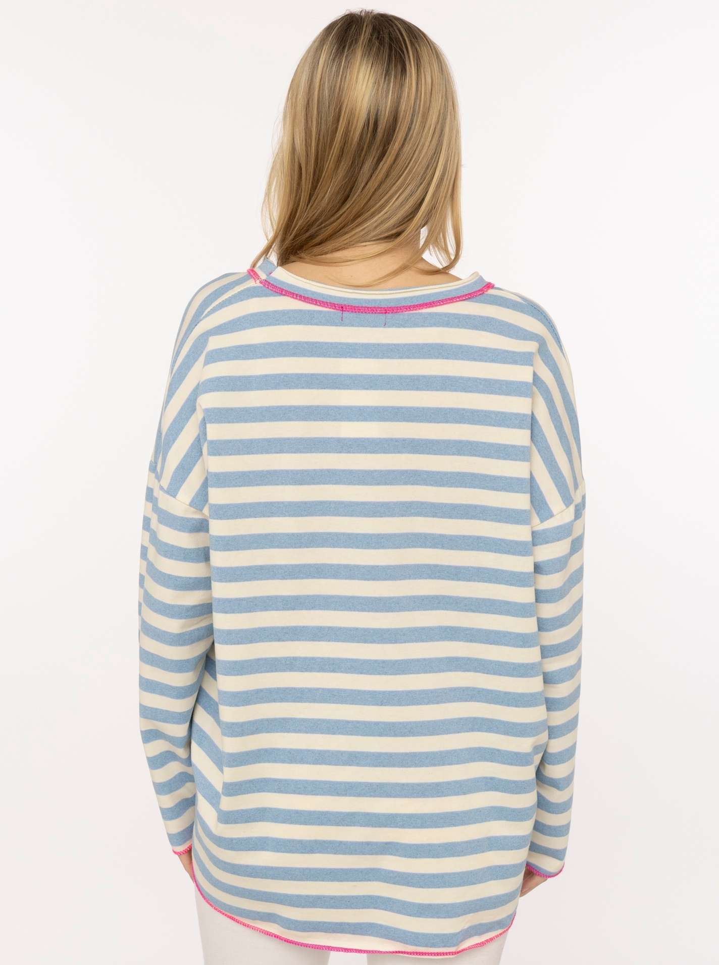 💕 Zwillingsherz Sweatshirt "Neon Streifen" V-Neck Sweater Oversize Hellblau