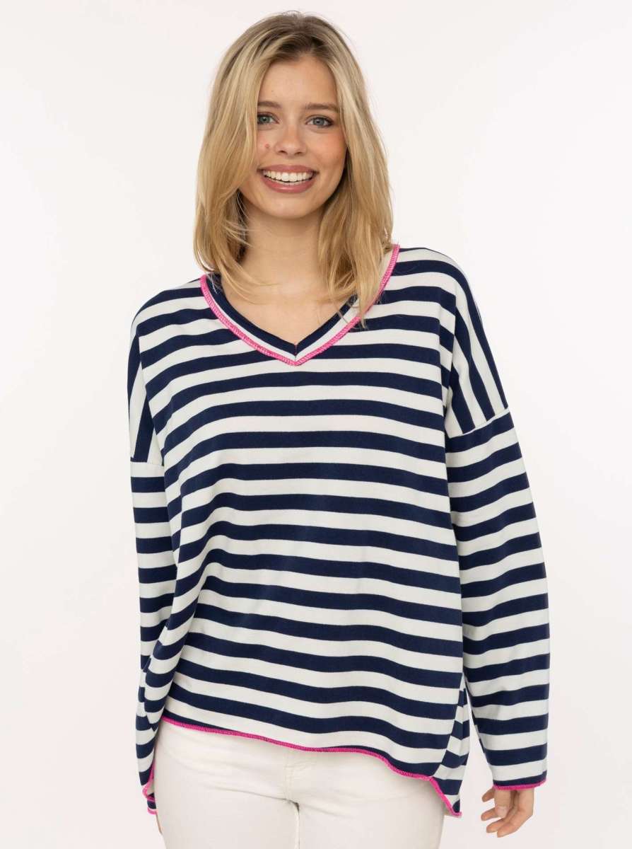 💕 Zwillingsherz Sweatshirt "Neon Streifen" V-Neck Sweater Oversize Navy