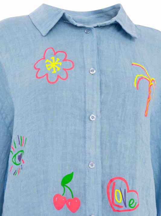 💕 Zwillingsherz 100 % Leinen Bluse "Neon" Hellblau