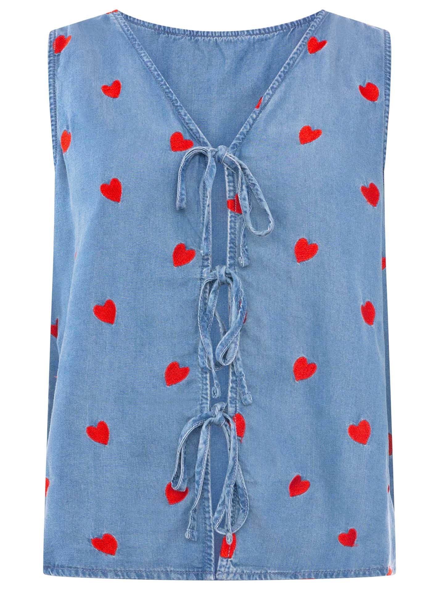 💕 Zwillingsherz Weste mit Stickerei aus Lyocell Mittellblau