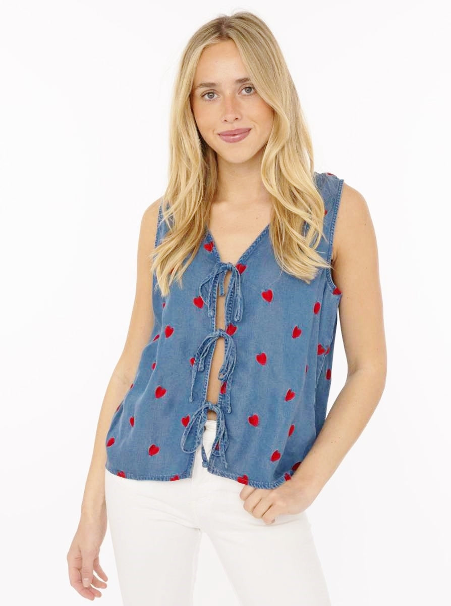 💕 Zwillingsherz Weste mit Stickerei aus Lyocell Mittellblau