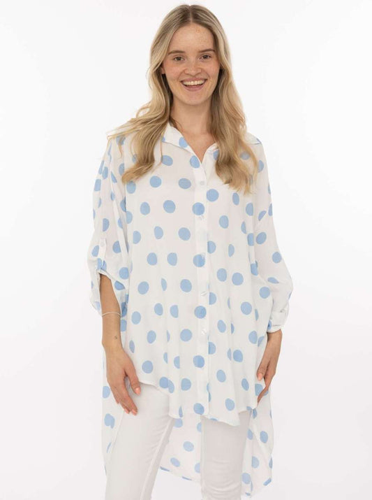 💕 Zwillingsherz Oversize Bluse "Große Punkte" Viskose Hellblau