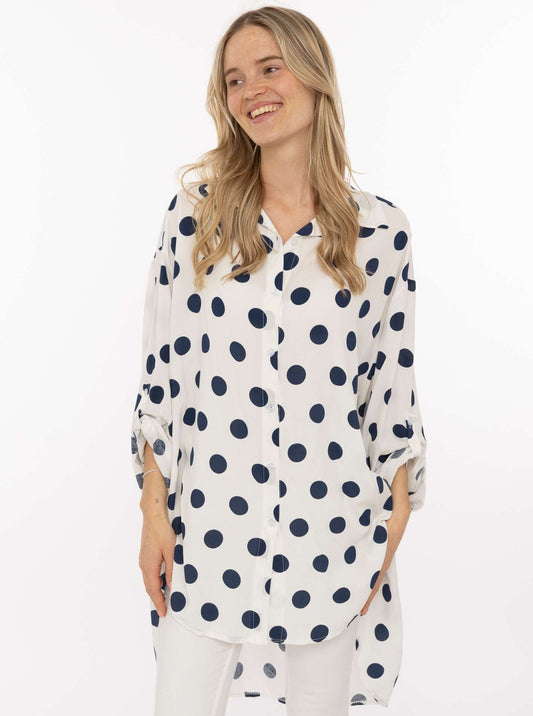 💕 Zwillingsherz Oversize Bluse "Große Punkte" Viskose Navy