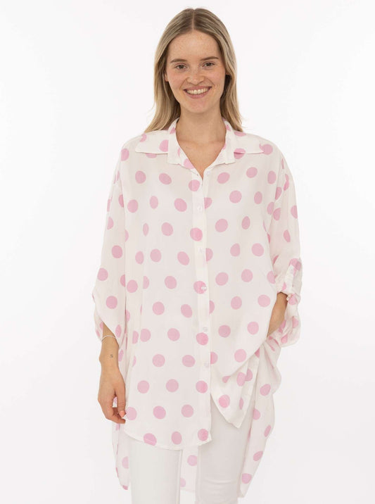 💕 Zwillingsherz Oversize Bluse  Knopfleiste "Große Punkte" Viskose Rosa