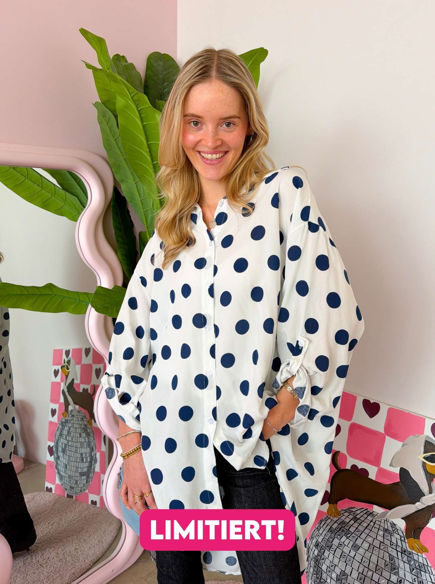 💕 Zwillingsherz Oversize Bluse "Große Punkte" Viskose Navy