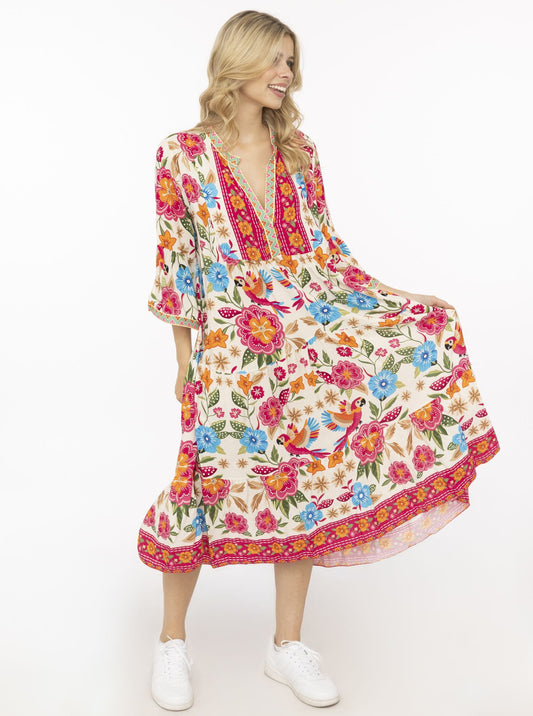 💕 Zwillingsherz Maxikleid Viskose "Summer Birds" Pink