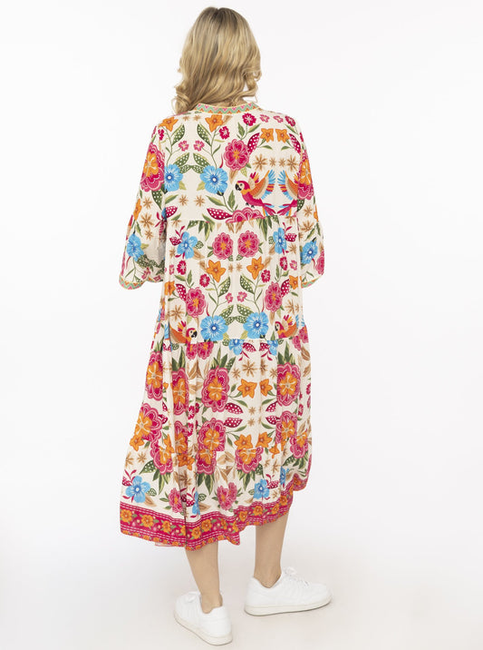 💕 Zwillingsherz Maxikleid Viskose "Summer Birds" Pink