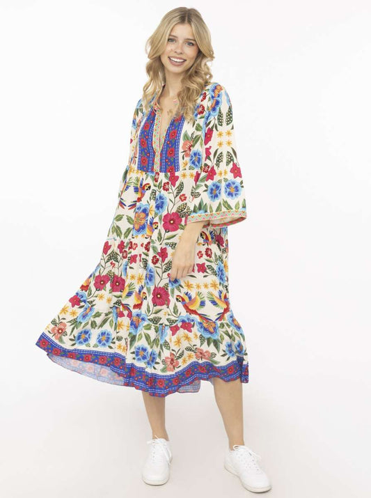 💕 Zwillingsherz Maxikleid Viskose "Summer Birds" Blau