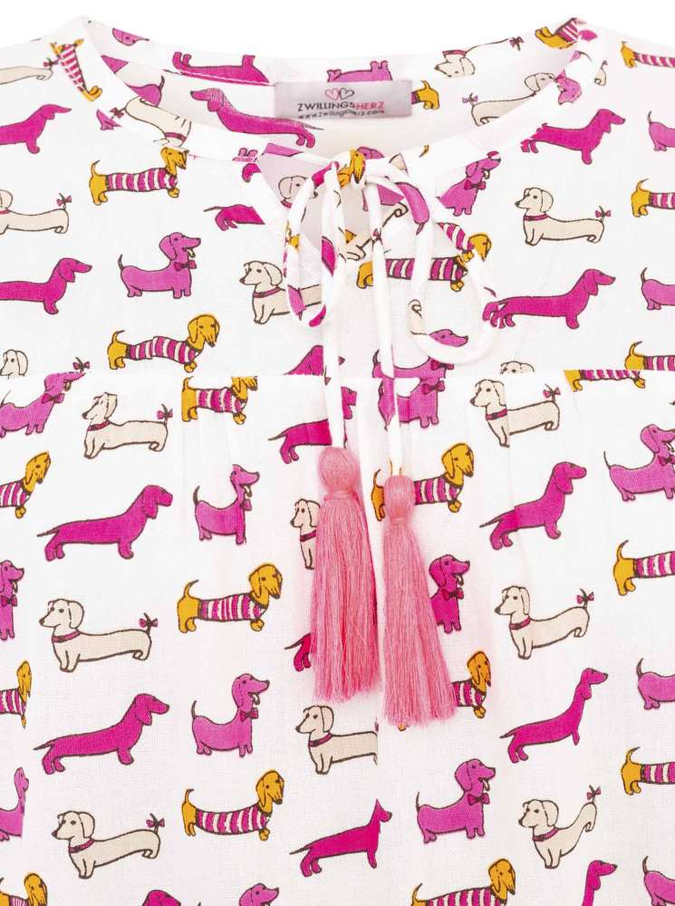💕 Zwillingsherz Bluse "Comic Dackel" 100 % Viskose Weiß