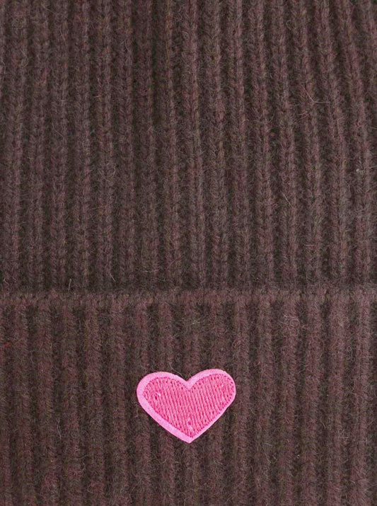 💕 Zwillingsherz Mütze "Ribbon Patch Herz" 100 % Kaschmir Umschlag Braun