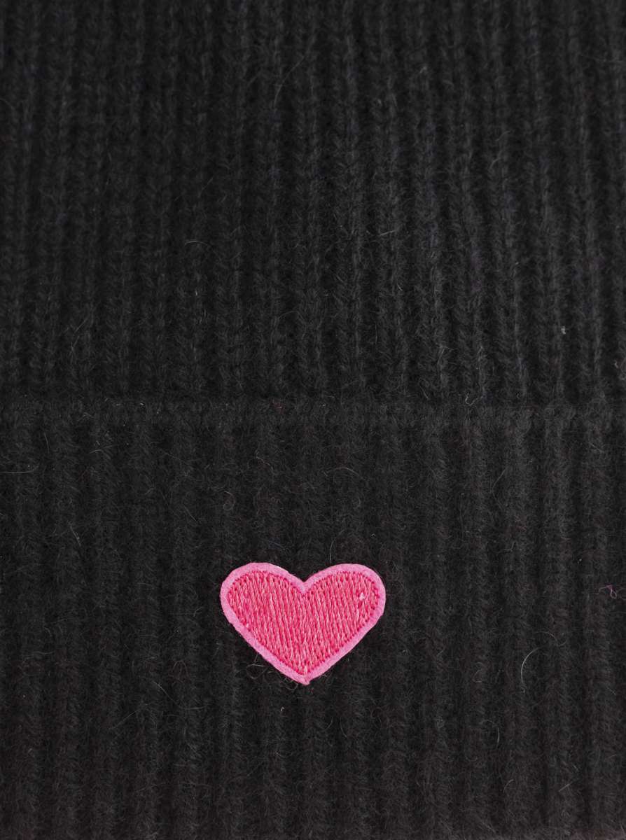 💕 Zwillingsherz Mütze "Ribbon Patch Herz" 100 % Kaschmir Umschlag Schwarz