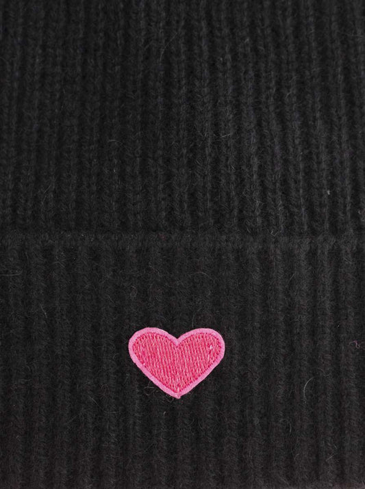💕 Zwillingsherz Mütze "Ribbon Patch Herz" 100 % Kaschmir Umschlag Schwarz