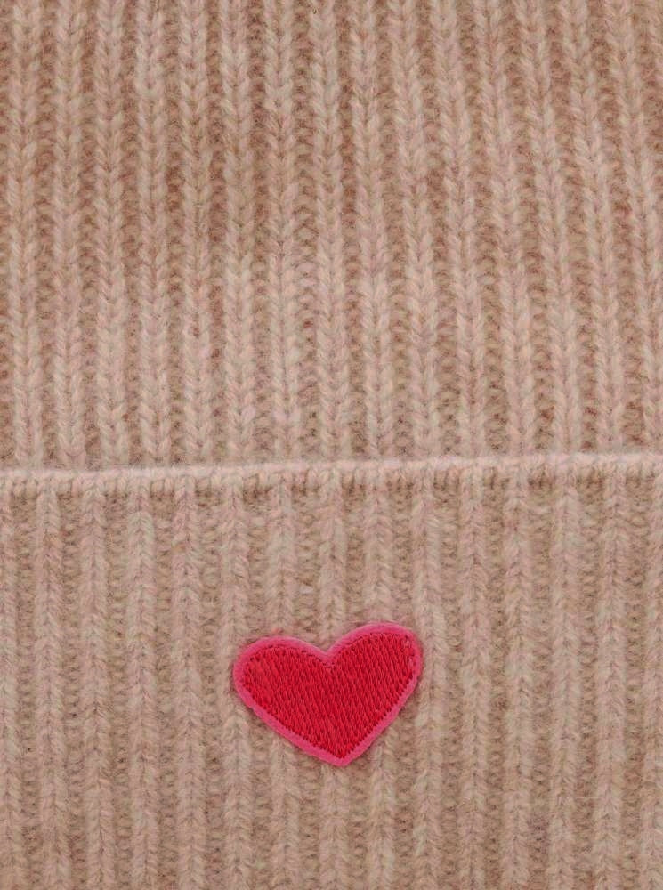 💕 Zwillingsherz Mütze "Ribbon Patch Herz" 100 % Kaschmir Umschlag Beige