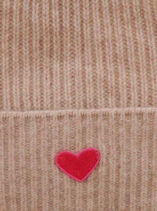 💕 Zwillingsherz Mütze "Ribbon Patch Herz" 100 % Kaschmir Umschlag Beige