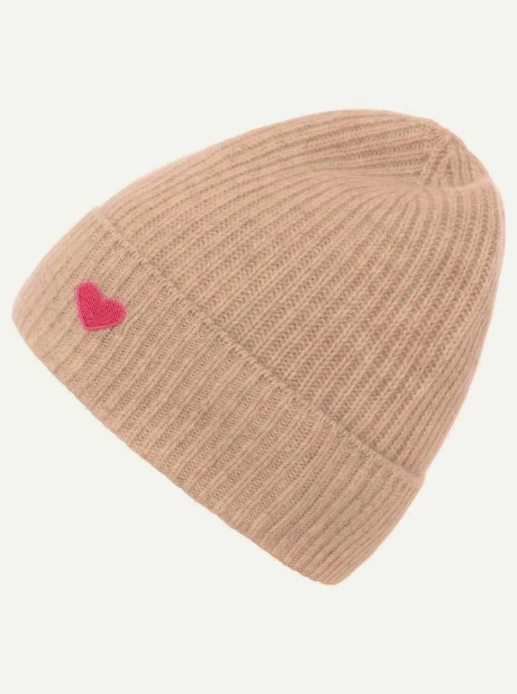💕 Zwillingsherz Mütze "Ribbon Patch Herz" 100 % Kaschmir Umschlag Beige