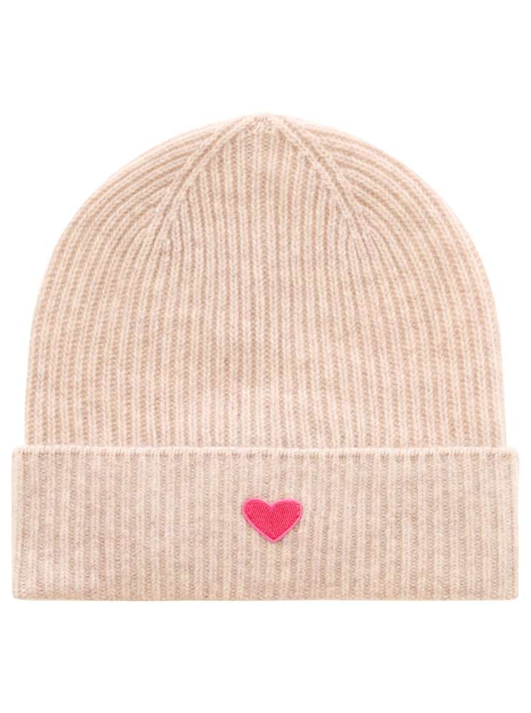 💕 Zwillingsherz Mütze "Ribbon Patch Herz" 100 % Kaschmir Umschlag Hellbeige