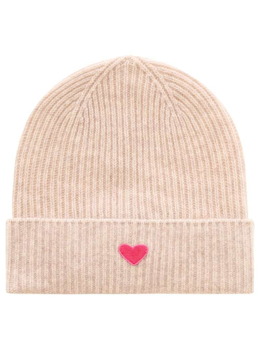 💕 Zwillingsherz Mütze "Ribbon Patch Herz" 100 % Kaschmir Umschlag Hellbeige