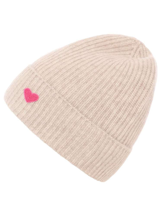 💕 Zwillingsherz Mütze "Ribbon Patch Herz" 100 % Kaschmir Umschlag Hellbeige