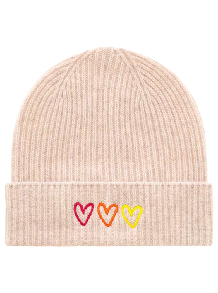 💕 Zwillingsherz Mütze "Herzstickerei" 100 % Kaschmir Umschlag Hellbeige