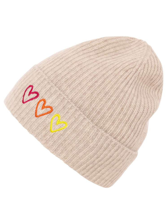 💕 Zwillingsherz Mütze "Herzstickerei" 100 % Kaschmir Umschlag Hellbeige