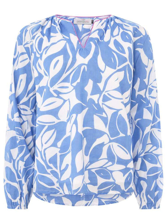 Zwillingsherz Bluse "Blätter Zweifarbig" 100 % Baumwolle Blau