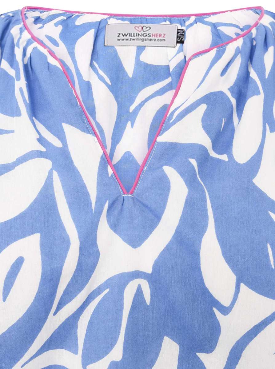 💕 Zwillingsherz Bluse "Blätter Zweifarbig" 100 % Baumwolle Blau