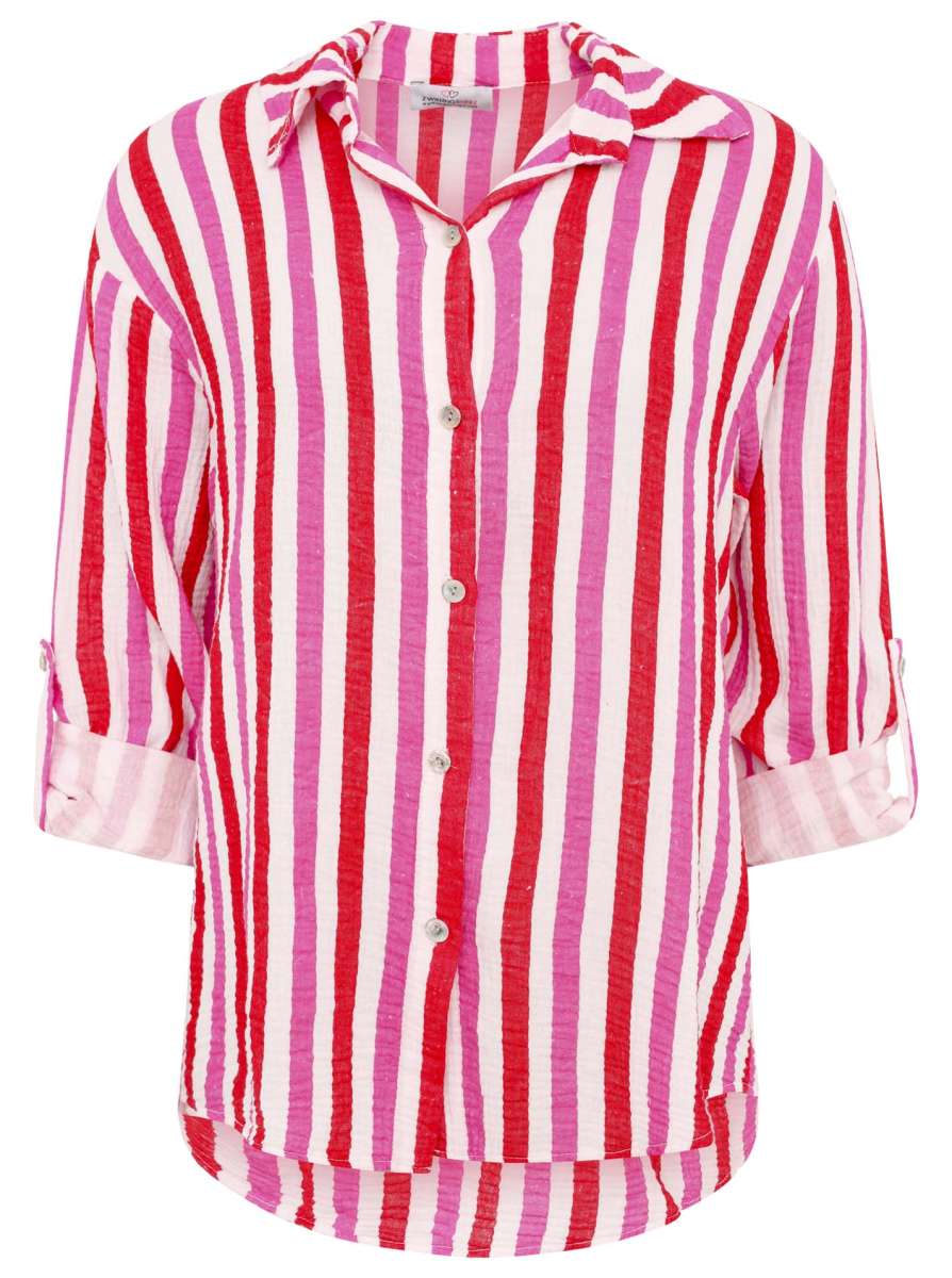 💕 Zwillingsherz Musselin Hemd "Streifen" Bluse Rot Pink Weiß