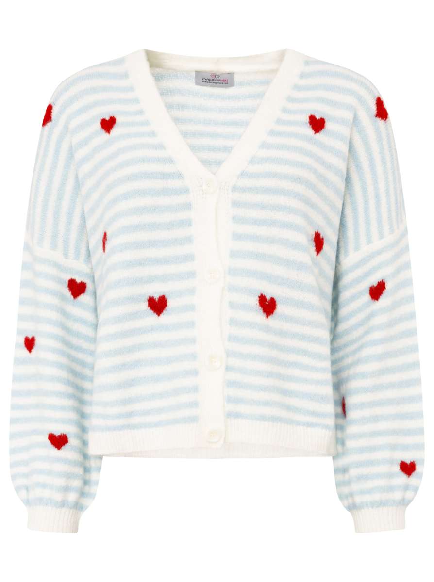 Zwillingsherz Strickjacke Cardigan "Herzchen & Streifen" Hellblau