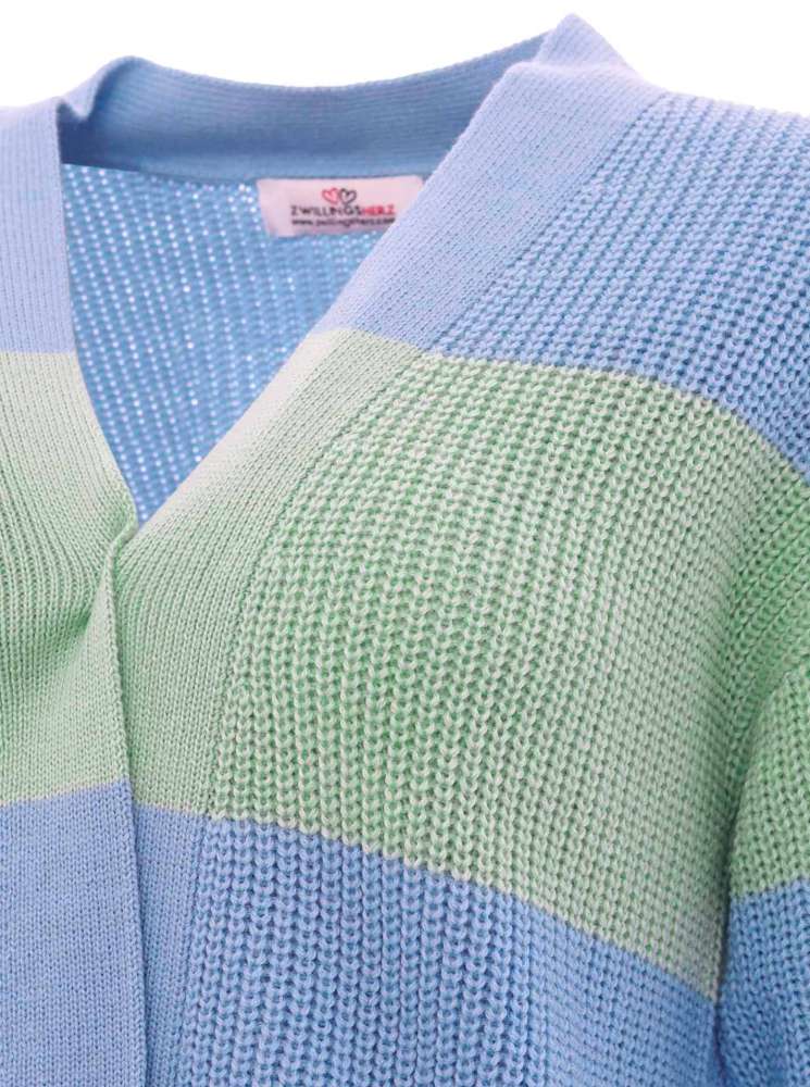 💕 Zwillingsherz Strickjacke "Katja" Merinowolle Streifen Hellblau Mint