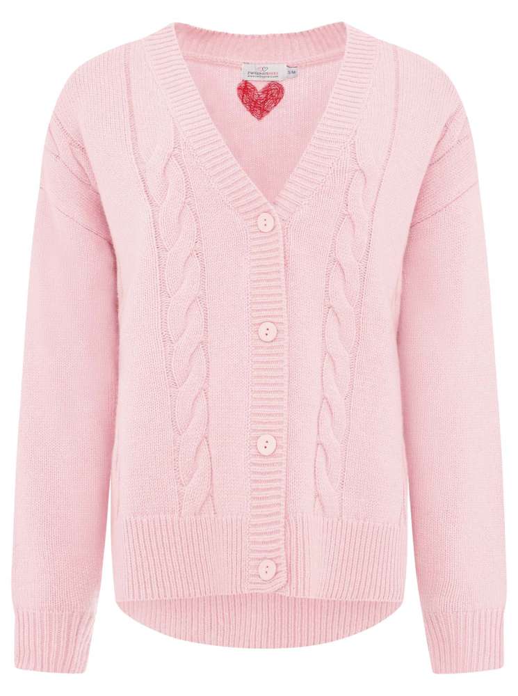 💕 Zwillingsherz Strickjacke Cardigan Zopfstrick "Herz" Wolle Rosa