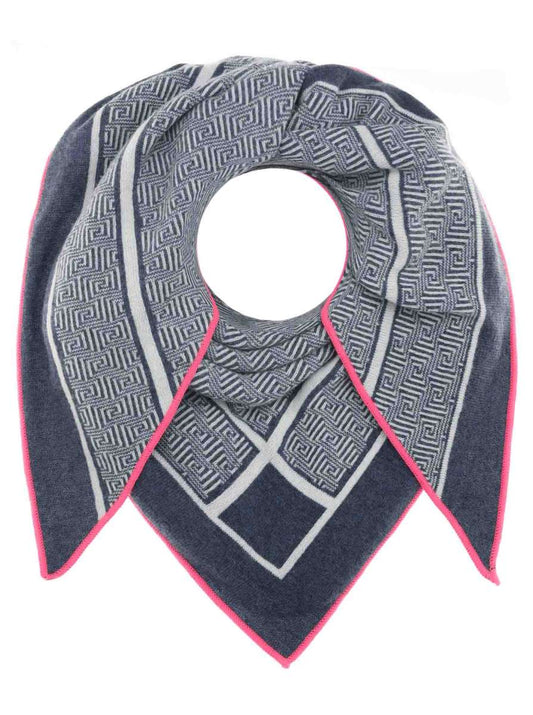 💕 Zwillingsherz Dreieckstuch "Labyrinth Story" mit Kaschmir Blau mit Rand Pink